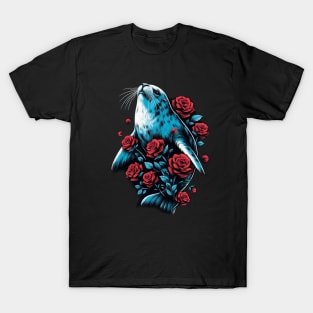 Cute Seal Red Roses T-Shirt